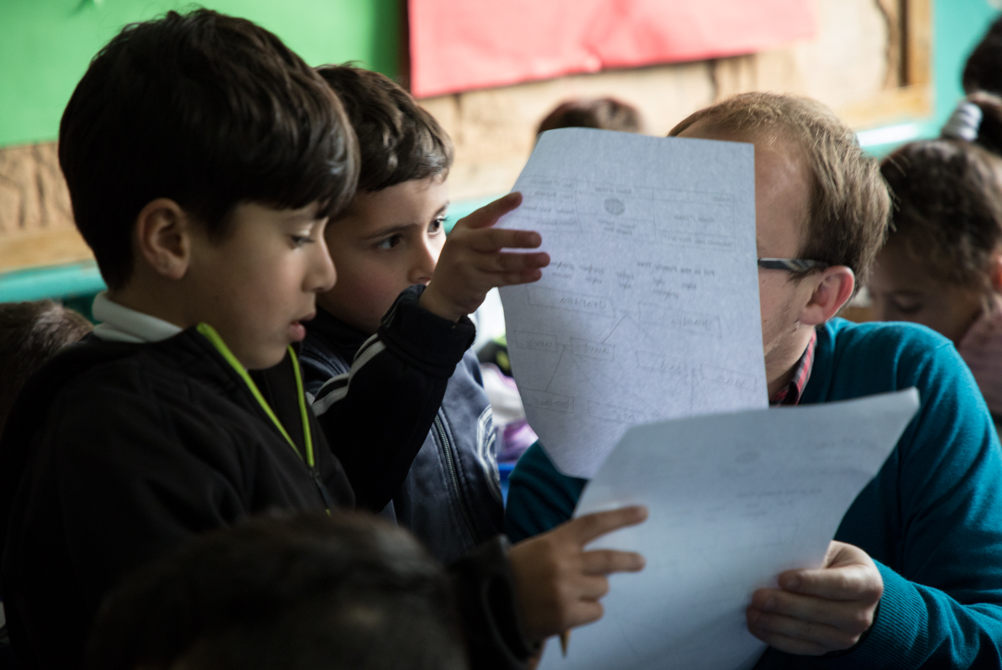 Students mob an American volunteer as teaches English at the Hope Lutheran school in Ramallah.